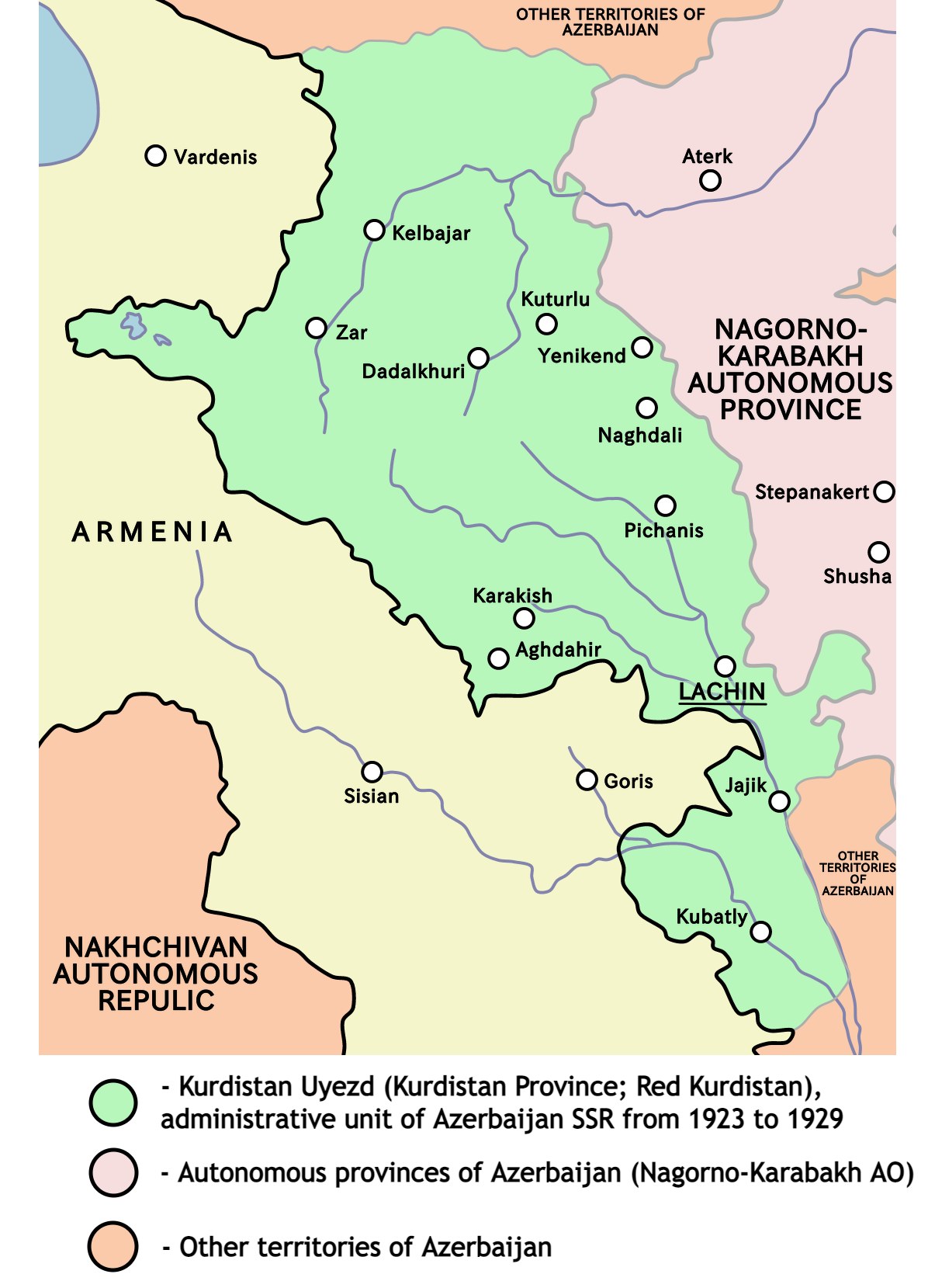 Ein Plakat mit einer Karte von Armenien, das die autonomen Provinzen Aserbaidschans hervorhebt, mit detaillierten geografischen Merkmalen und gekennzeichneten Grenzen.