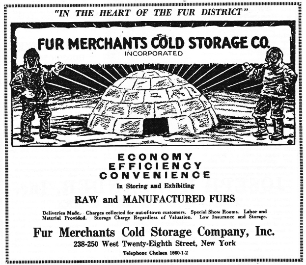 Werbung für Fur Merchants Cold Storage Company, Inc. mit zwei Personen vor einer igluähnlichen Struktur und Text, der die Dienstleistungen des Unternehmens beschreibt.