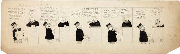 Ein Comic-Strip-Panel, das einen Mann mit Zylinder und eine Frau in einem Kleid zeigt, die in einer Diskussion vertieft sind, wobei der Mann ein Blatt Papier mit Text hält.