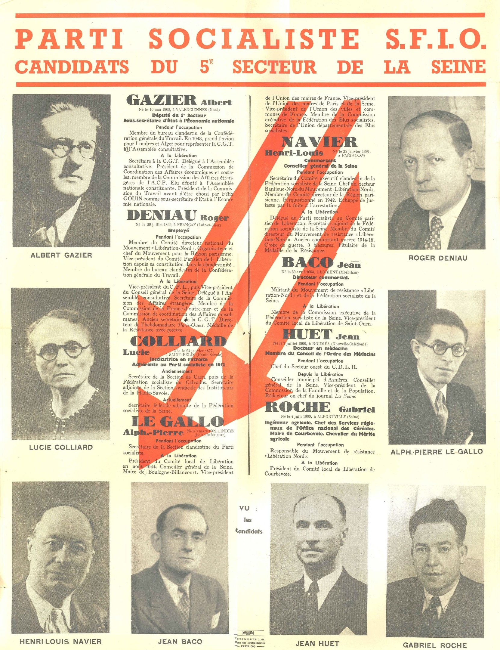 Plakat für Parti Socialiste S.F.I.O.-Kandidaten aus dem 5. Sektor der Seine mit einem roten Pfeil nach rechts.