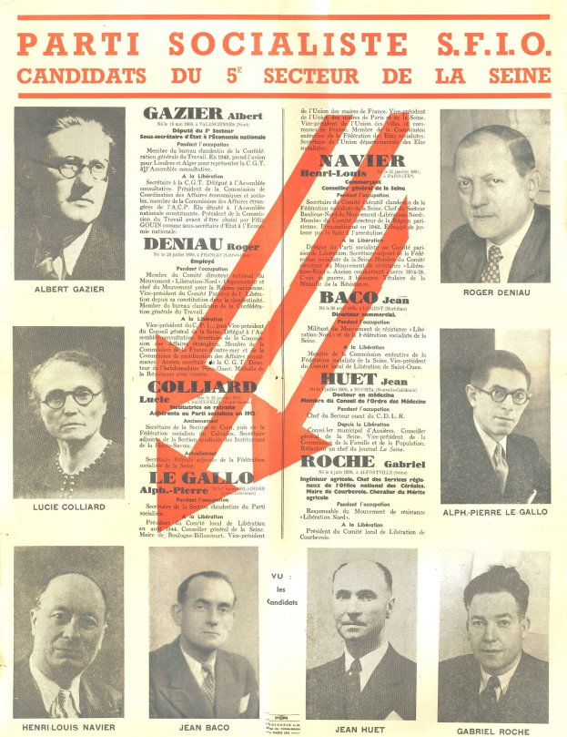 Plakat für Parti Socialiste S.F.I.O.-Kandidaten aus dem 5. Sektor der Seine mit einem roten Pfeil nach rechts.