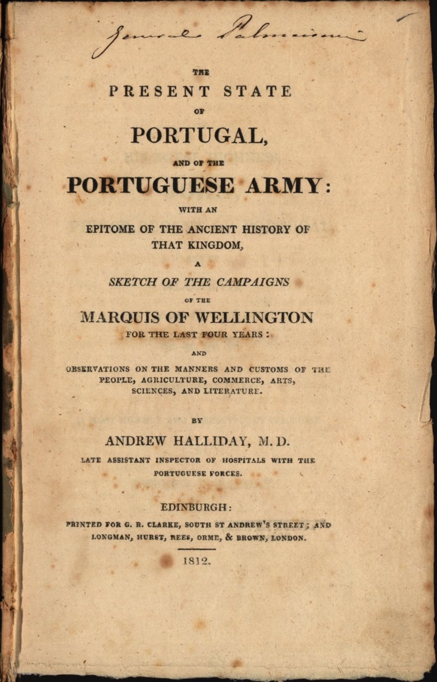 Altes Buch mit dem Titel "Der gegenwärtige Zustand Portugals und die portugiesische Armee" vor schwarzem Hintergrund.