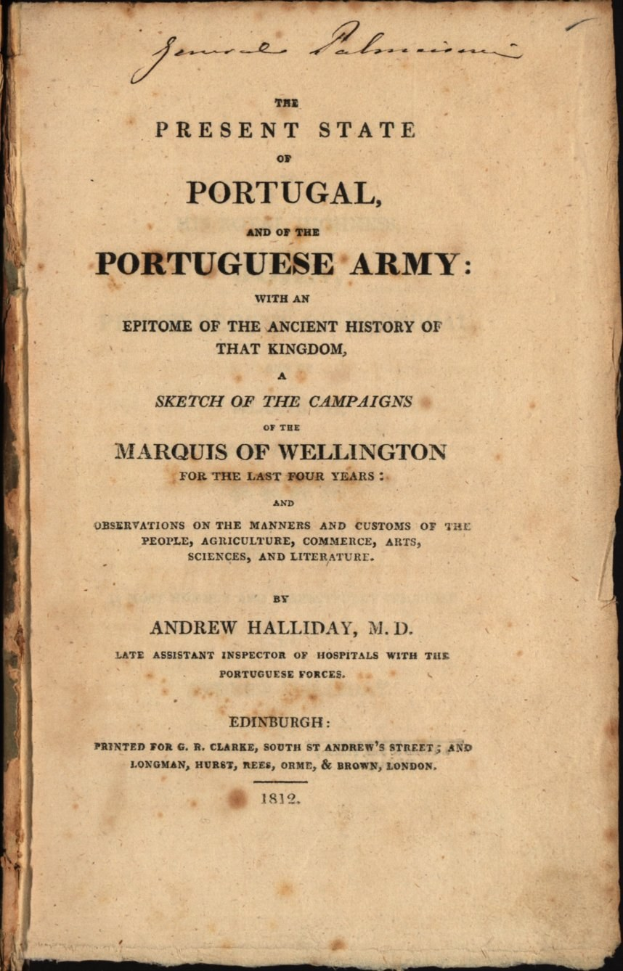 Altes Buch mit dem Titel "Der gegenwärtige Zustand Portugals und die portugiesische Armee" vor schwarzem Hintergrund.
