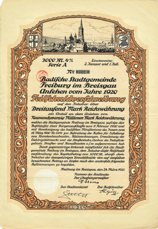 Altes deutsches Aktienzertifikat mit Stadtansicht und gedrucktem Text.